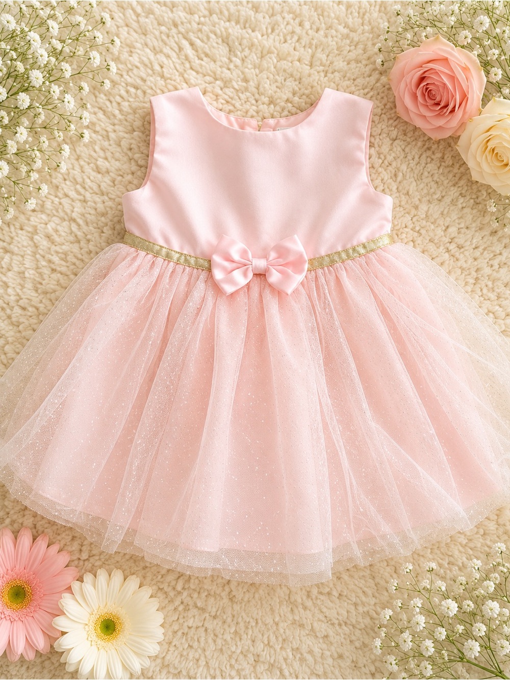 Pink Tulle Party Dress with Gold Waist Trim